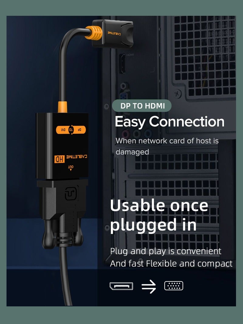 كابل تايم كابل محول CABLETIME من DisplayPort إلى DVI، يدعم الصوت والفيديو بدقة 1920×1200 و1080 بكسل، غلاف من مادة PVC سوداء - Image 3